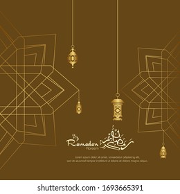 Ramadan Kareem, islamisches Design mit arabischer Kalligrafie und Muster einzeln auf braunem Hintergrund.
 - Übersetzung der arabischen Kalligrafie:Ramadan Kareem.
