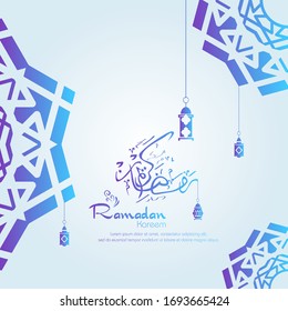 Ramadan kareem, Islamic design with arabic calligraphy and pattern isolated on blue background.
 - Translation of arabic calligraphy : Ramadan Kareem.