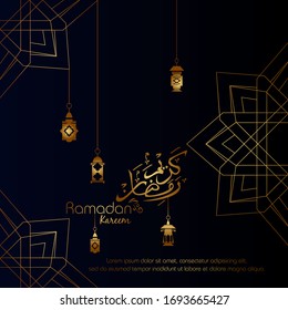 Ramadan kareem, diseño islámico con caligrafía árabe y patrón aislado en fondo negro.
 - Traducción de caligrafía árabe :Ramadán Kareem.