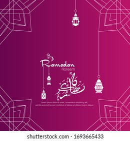 Ramadan Kareem, islamisches Design mit arabischer Kalligrafie und Muster einzeln auf violettem Hintergrund.
 - Übersetzung der arabischen Kalligrafie:Ramadan Kareem.