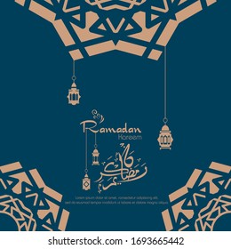 Ramadan kareem, diseño islámico con caligrafía árabe y patrón aislado en fondo azul.
 - Traducción de caligrafía árabe :Ramadán Kareem.