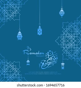 Ramadan kareem, Islamic design with arabic calligraphy and ornament isolated on blue background.
 - Translation of arabic calligraphy : Ramadan Kareem.
