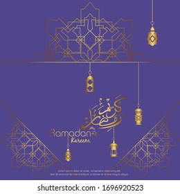 Ramadan kareem, Islamic design with arabic calligraphy and ornament isolated on purple  background.
 - Translation of arabic calligraphy : Ramadan Kareem.