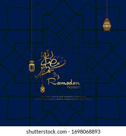 Ramadan kareem, Islamic design with arabic calligraphy and ornament isolated on blue  background.
 - Translation of arabic calligraphy : Ramadan Kareem.