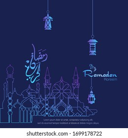 Ramadan kareem. Islamic design with arabic calligraphy, mosque and ornament isolated on purple  background.
 - Translation of arabic calligraphy : Ramadan Kareem.