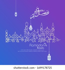 Ramadán kareem. Diseño islámico con caligrafía árabe, mezquita y adorno aislados en fondo morado.
 - Traducción de caligrafía árabe : Ramadán Kareem.