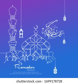 Ramadan kareem. Islamic design with arabic calligraphy, mosque and ornament isolated on purple  background.
 - Translation of arabic calligraphy : Ramadan Kareem.