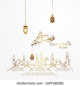 Ramadan kareem. Islamic design with arabic calligraphy, mosque and ornament isolated on white background.
 - Translation of arabic calligraphy : Ramadan Kareem.