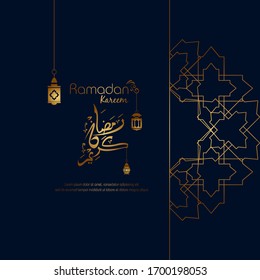  Ramadan Kareem. Islamisches Design mit arabischer Kalligrafie und Ornament einzeln auf schwarzem Hintergrund.
 - Übersetzung der arabischen Kalligrafie: Ramadan Kareem.