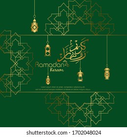 Ramadan kareem. Islamic design with arabic calligraphy and ornament isolated on green background.
 - Translation of arabic calligraphy : Ramadan Kareem.