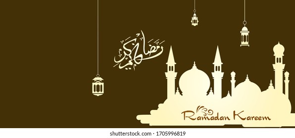 Ramadan kareem. Islamic design with arabic calligraphy and mosque  isolated on brown background.
 - Translation of arabic calligraphy : Ramadan Kareem.