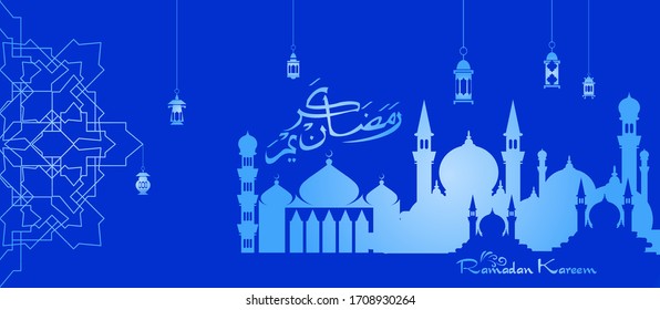 Ramadan kareem. Islamic design with arabic calligraphy, mosque and ornament isolated on blue background.
 - Translation of arabic calligraphy : Ramadan Kareem.