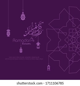Ramadan kareem. Islamic design with arabic calligraphy and ornament isolated on purple background.
 - Translation of arabic calligraphy : Ramadan Kareem.