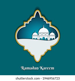 Ramadan kareem islamic design background with mosque and islamic texture in white, blue and gold color