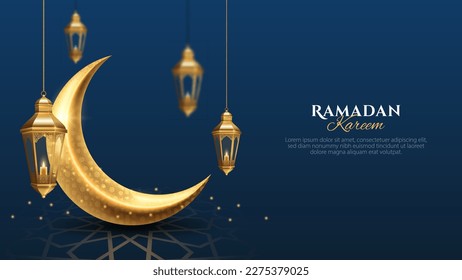 Ramadan Kareem islamic design background with golden crescent moon and hanging lantern. Islamic background for banner, poster, and greeting card design