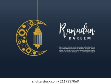 Ramadan Kareem islamic design banner with islamic ornament in golden crescent moon and lantern isolated on blue background.