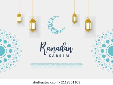 Ramadan Kareem islamic design banner with blue islamic ornament, blue crescent moon and golden lantern isolated on grey background.