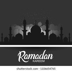 Ramadan kareem islamic design with black mosque on black background. vector illustration for holy month ramadan celebration.