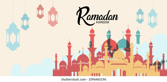 Ramadan Kareem islamic design colorful style with mosque and lantern. vector illustration for use ramadan celebration