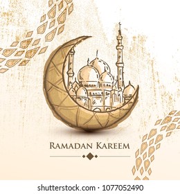 Ramadan Kareem islamic design crescent moon and mosque with circle arabic pattern on Grunge Background