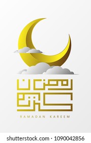 	
Ramadan Kareem islamic design crescent moon with kufi arabic pattern and calligraphy
