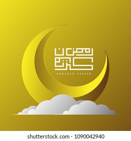 	
Ramadan Kareem islamic design crescent moon with kufi arabic pattern and calligraphy