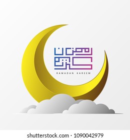 	
Ramadan Kareem islamic design crescent moon with kufi arabic pattern and calligraphy