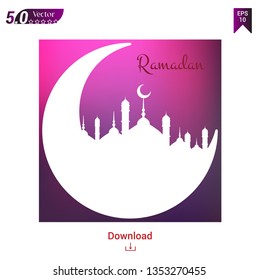 Ramadan Kareem islamic design crescent moon and mosque dome silhouette with arabic pattern and calligraphy