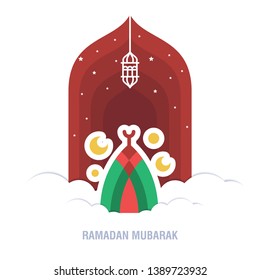 Ramadan Kareem islamic design crescent moon and mosque dome silhouette with arabic pattern and calligraphy 