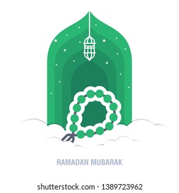 Ramadan Kareem islamic design crescent moon and mosque dome silhouette with arabic pattern and calligraphy 