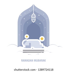 Ramadan Kareem islamic design crescent moon and mosque dome silhouette with arabic pattern and calligraphy 