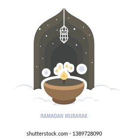 Ramadan Kareem islamic design crescent moon and mosque dome silhouette with arabic pattern and calligraphy 