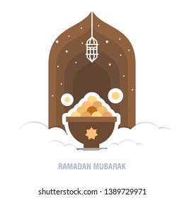 Ramadan Kareem islamic design crescent moon and mosque dome silhouette with arabic pattern and calligraphy 