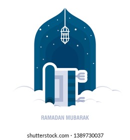 Ramadan Kareem islamic design crescent moon and mosque dome silhouette with arabic pattern and calligraphy 