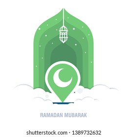 Ramadan Kareem islamic design crescent moon and mosque dome silhouette with arabic pattern and calligraphy 