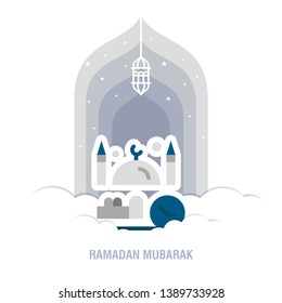 Ramadan Kareem islamic design crescent moon and mosque dome silhouette with arabic pattern and calligraphy 