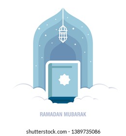 Ramadan Kareem islamic design crescent moon and mosque dome silhouette with arabic pattern and calligraphy 