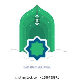 Ramadan Kareem islamic design crescent moon and mosque dome silhouette with arabic pattern and calligraphy 