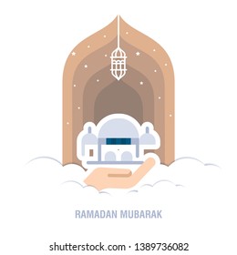 Ramadan Kareem islamic design crescent moon and mosque dome silhouette with arabic pattern and calligraphy 