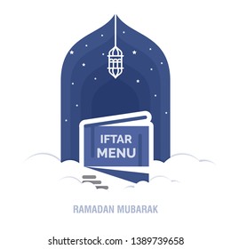 Ramadan Kareem islamic design crescent moon and mosque dome silhouette with arabic pattern and calligraphy 