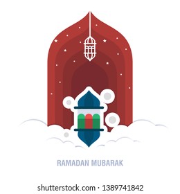 Ramadan Kareem islamic design crescent moon and mosque dome silhouette with arabic pattern and calligraphy 