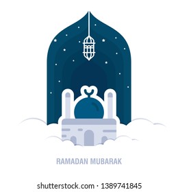 Ramadan Kareem islamic design crescent moon and mosque dome silhouette with arabic pattern and calligraphy 