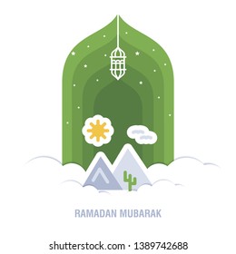 Ramadan Kareem islamic design crescent moon and mosque dome silhouette with arabic pattern and calligraphy 