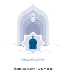 Ramadan Kareem islamic design crescent moon and mosque dome silhouette with arabic pattern and calligraphy 