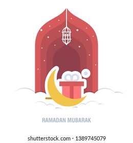 Ramadan Kareem islamic design crescent moon and mosque dome silhouette with arabic pattern and calligraphy 