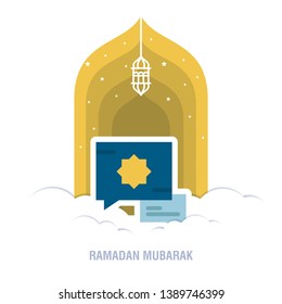 Ramadan Kareem islamic design crescent moon and mosque dome silhouette with arabic pattern and calligraphy 