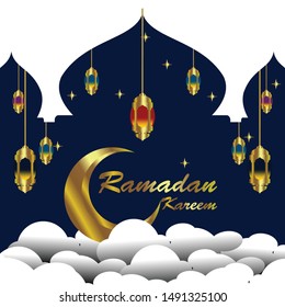 Ramadan Kareem islamic design crescent moon with traditional lantern for islamic greeting background