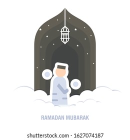Ramadan Kareem islamic design crescent moon and mosque dome silhouette with arabic pattern and calligraphy 