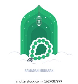 Ramadan Kareem islamic design crescent moon and mosque dome silhouette with arabic pattern and calligraphy 