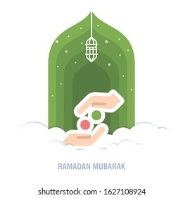 Ramadan Kareem islamic design crescent moon and mosque dome silhouette with arabic pattern and calligraphy 